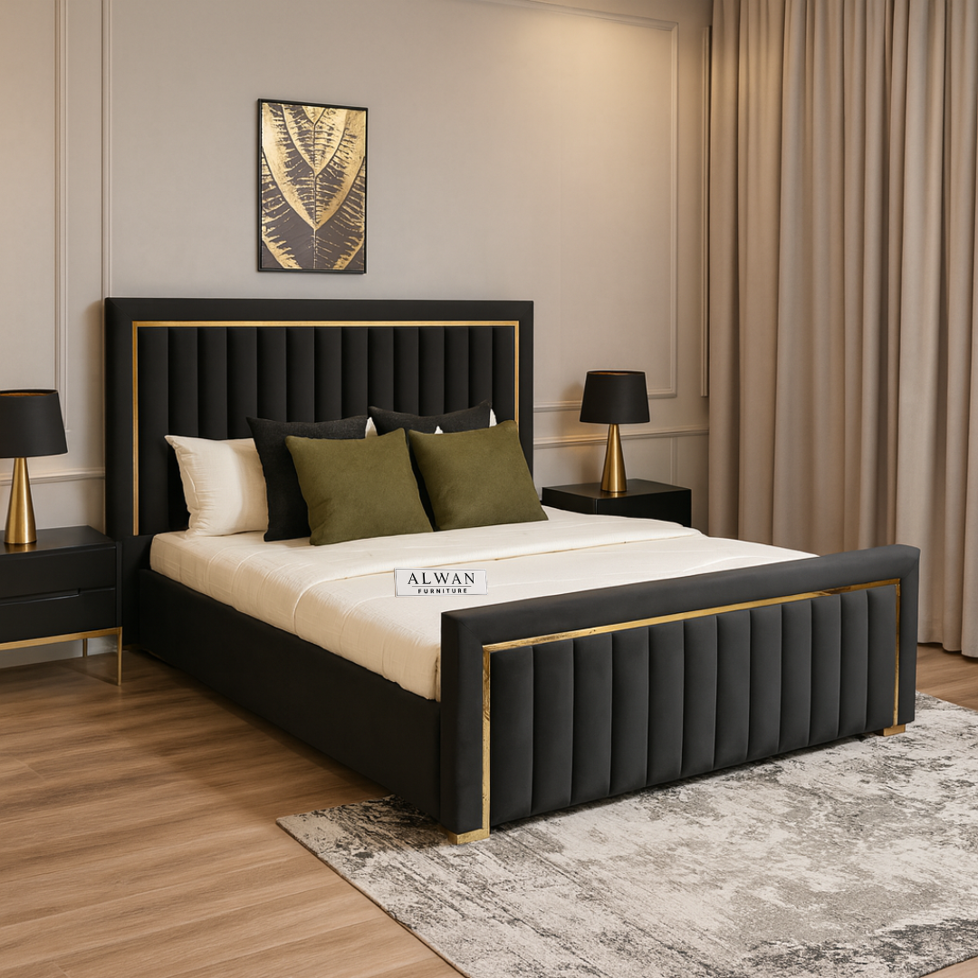 Luxury Black Velvet Upholstered Bed with Gold Accent