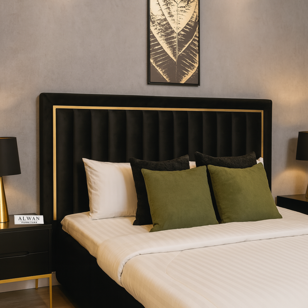 Luxury Black Velvet Upholstered Bed with Gold Accent