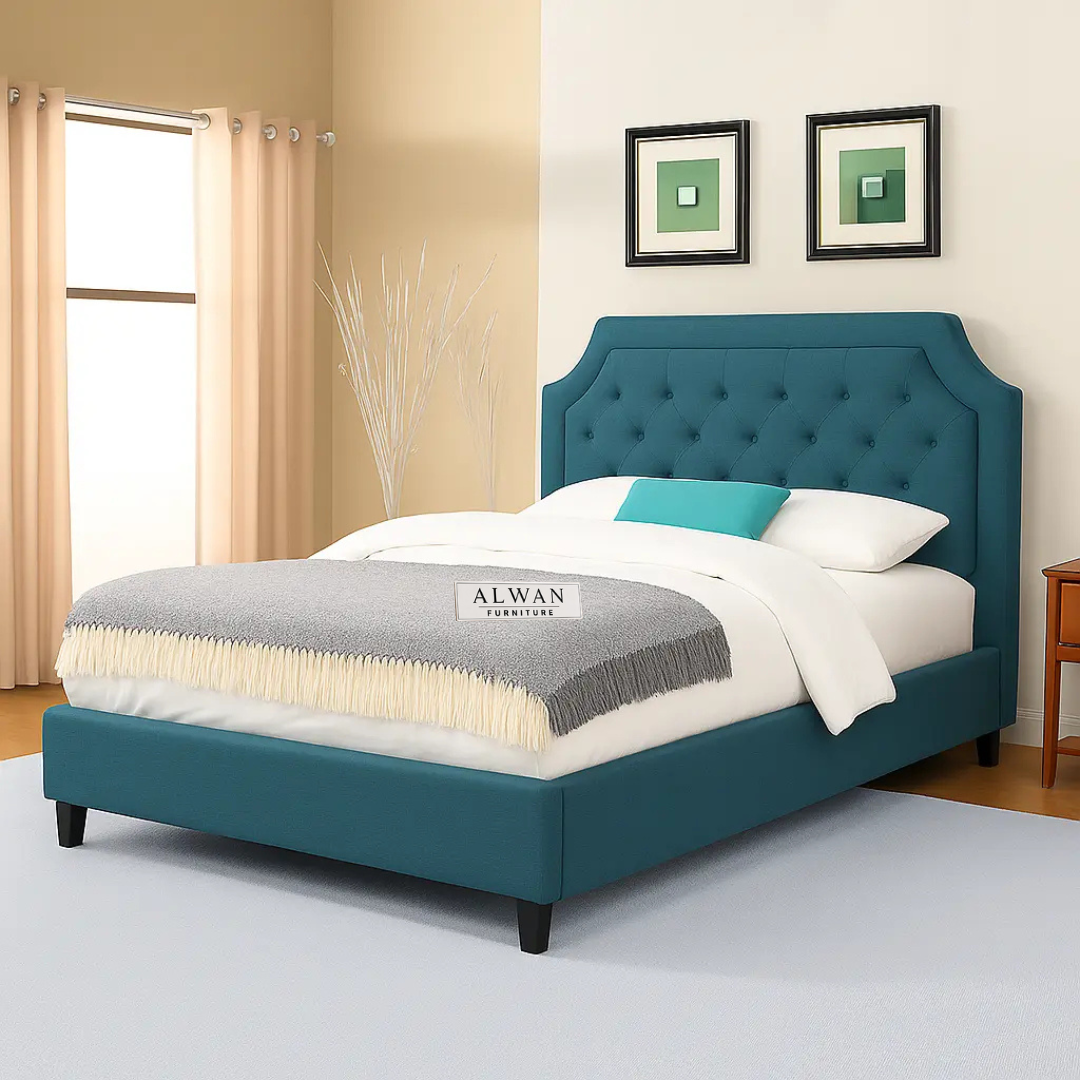 Alwan Premium Teal Tufted Upholstered Bed with Curved Headboard