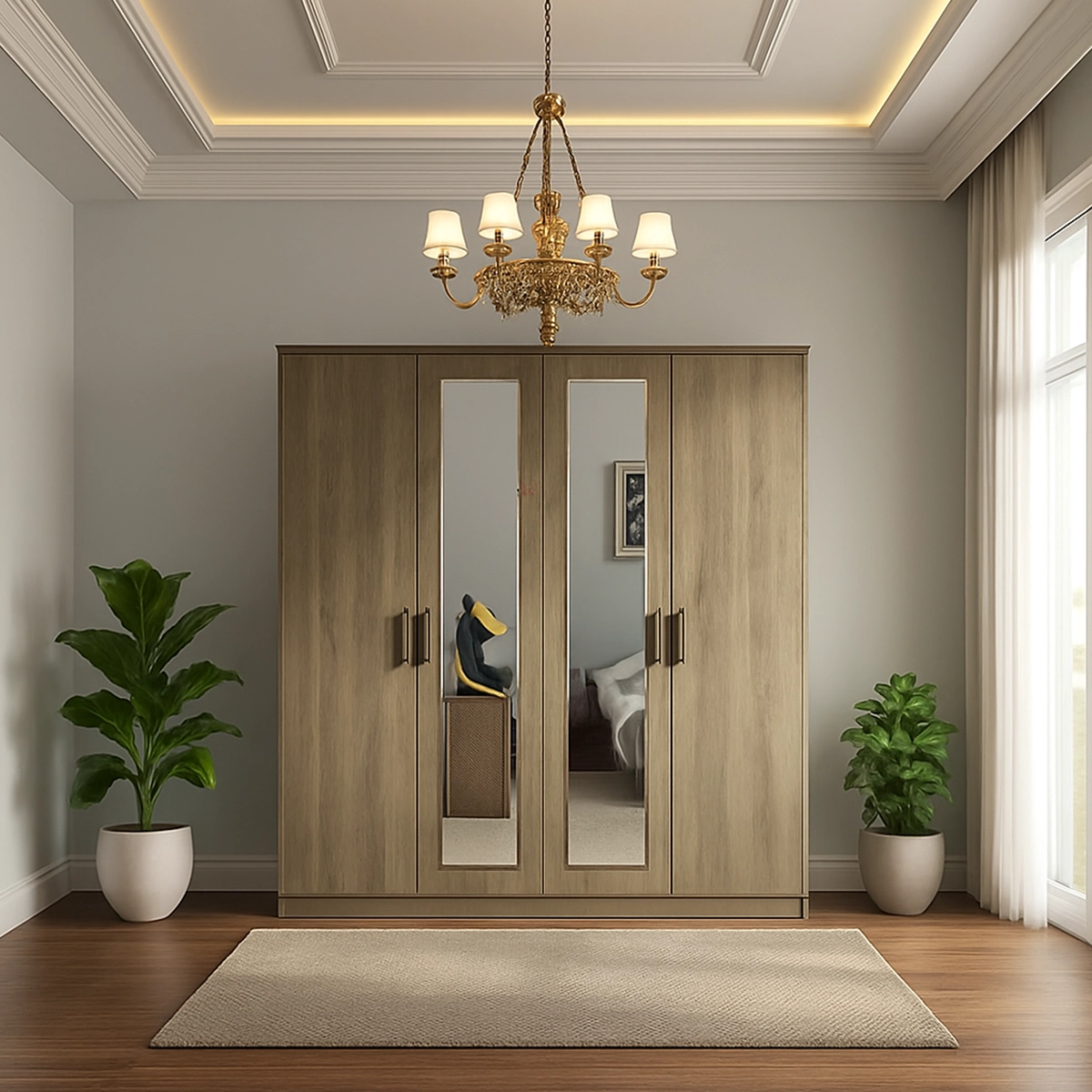 Alwan Elegance 4-Door Wooden Wardrobe with Dual Center Mirrors