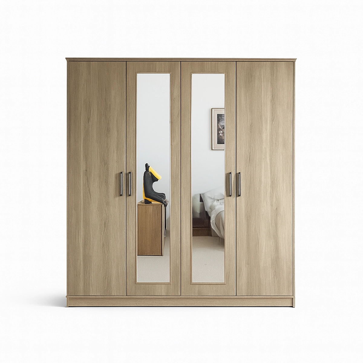 Alwan Elegance 4-Door Wooden Wardrobe with Dual Center Mirrors