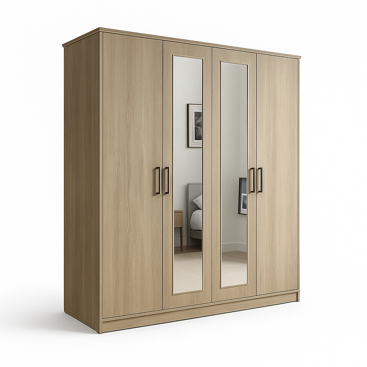 Alwan Elegance 4-Door Wooden Wardrobe with Dual Center Mirrors