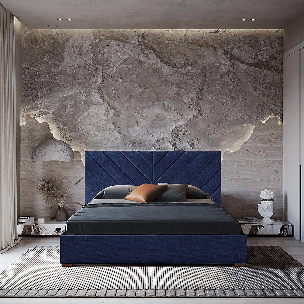 The Chevron Luxe Deep Blue Velvet Platform Bed