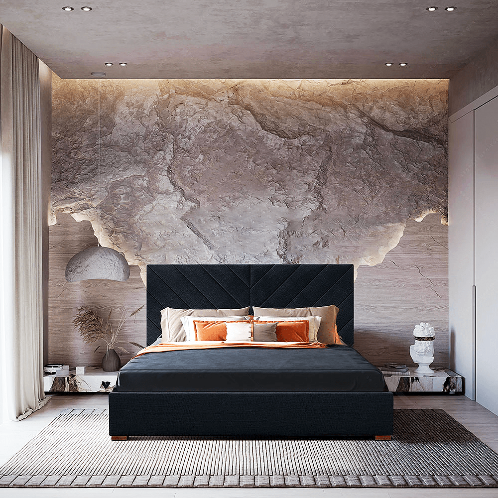 The Chevron Luxe Deep Blue Velvet Platform Bed