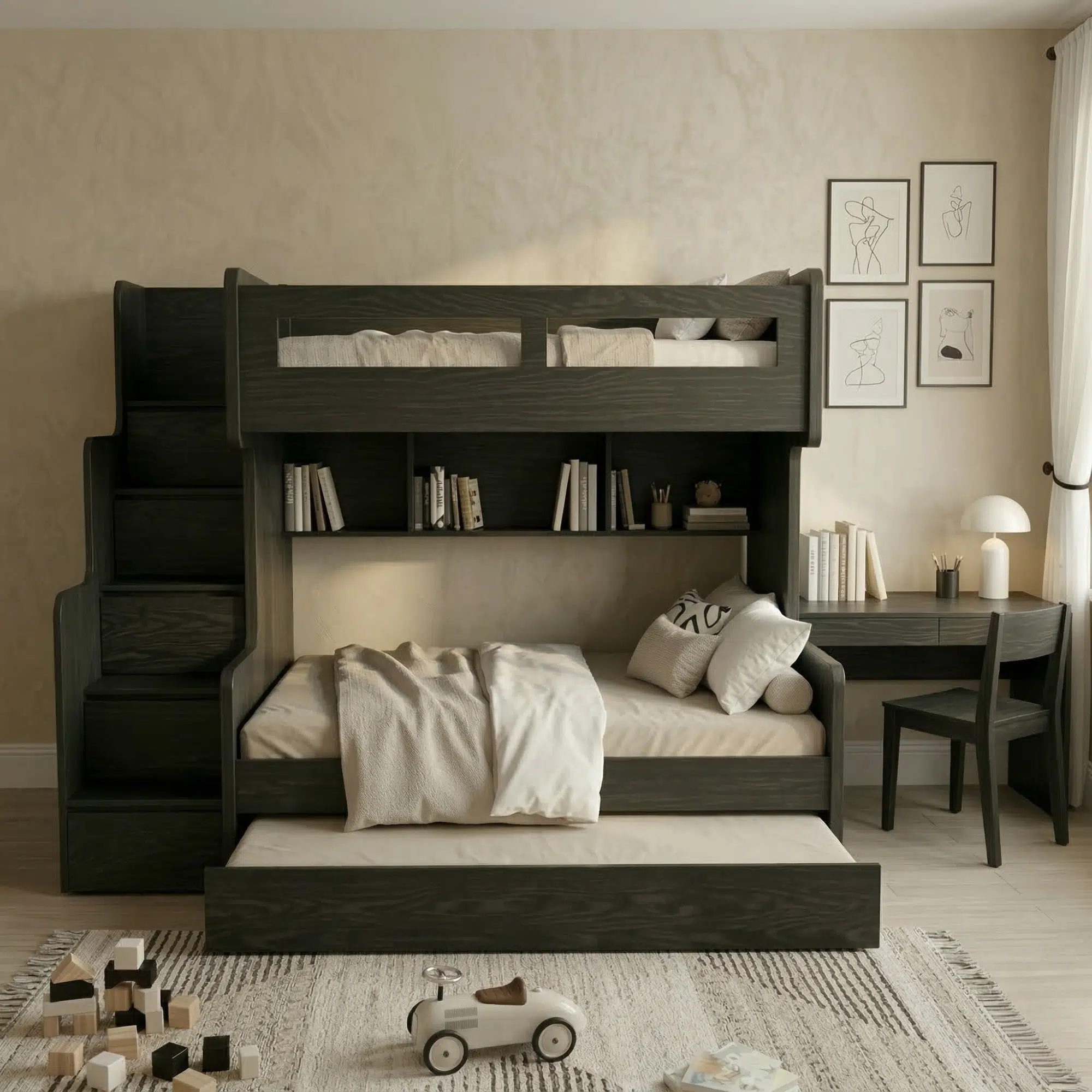 The Nordik Modern Trio Bunk Bed with Built-In Storage Stairs