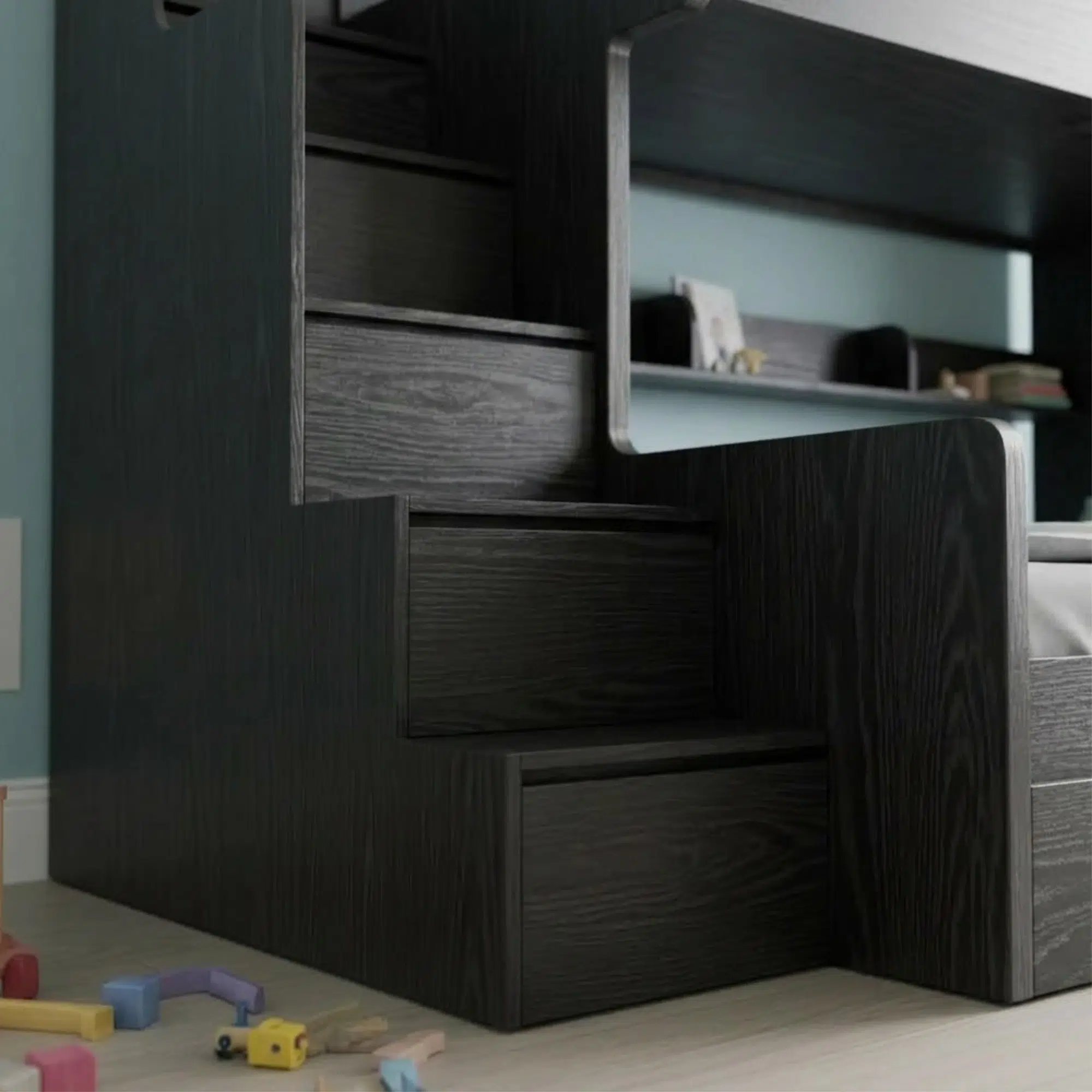 The Nordik Modern Trio Bunk Bed with Built-In Storage Stairs