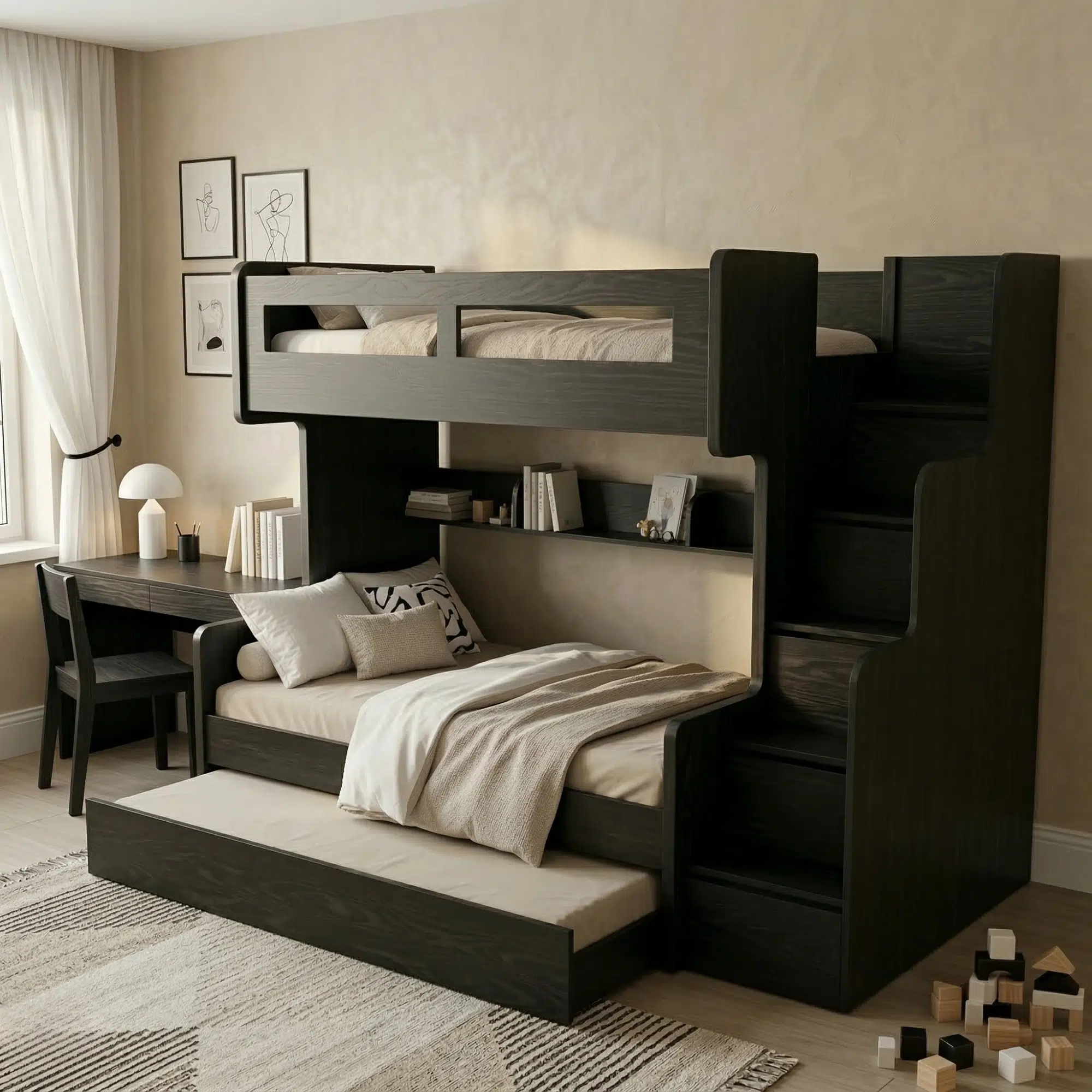 The Nordik Modern Trio Bunk Bed with Built-In Storage Stairs