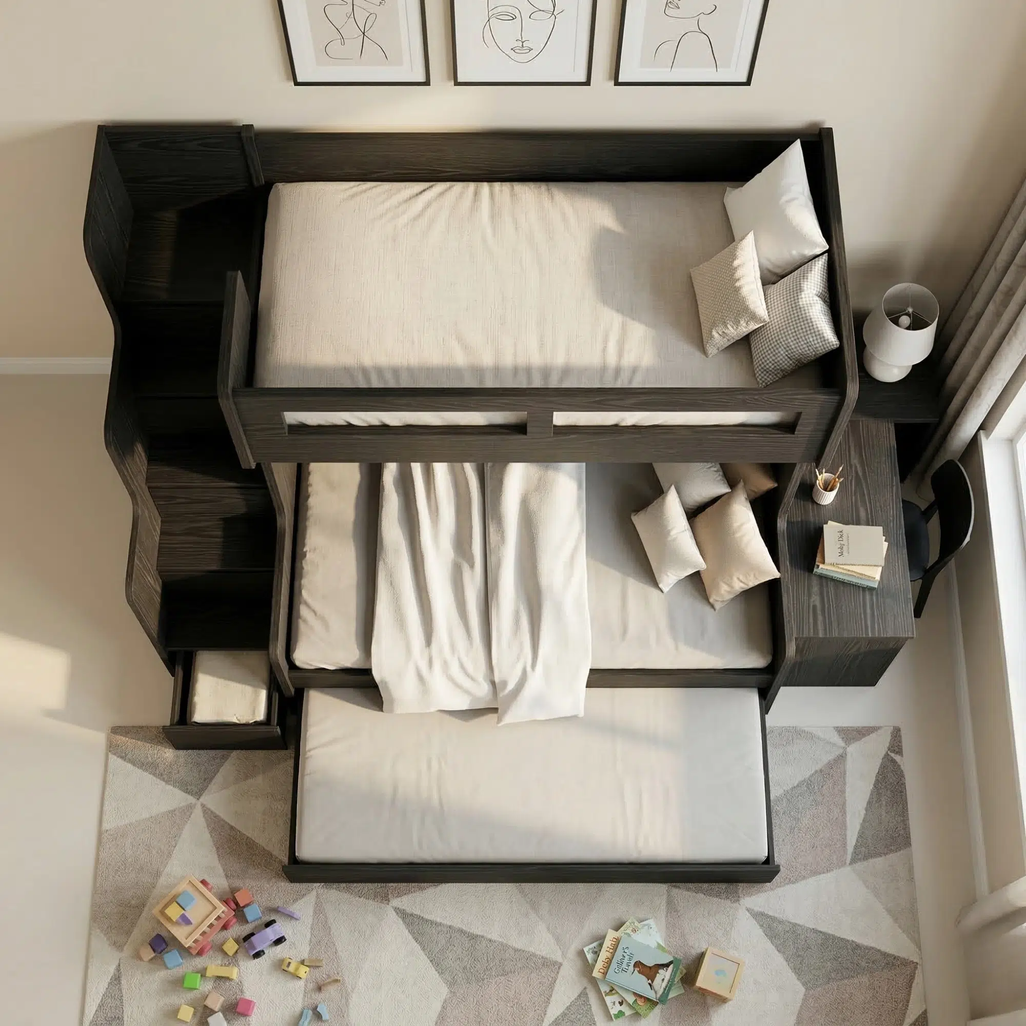 The Nordik Modern Trio Bunk Bed with Built-In Storage Stairs