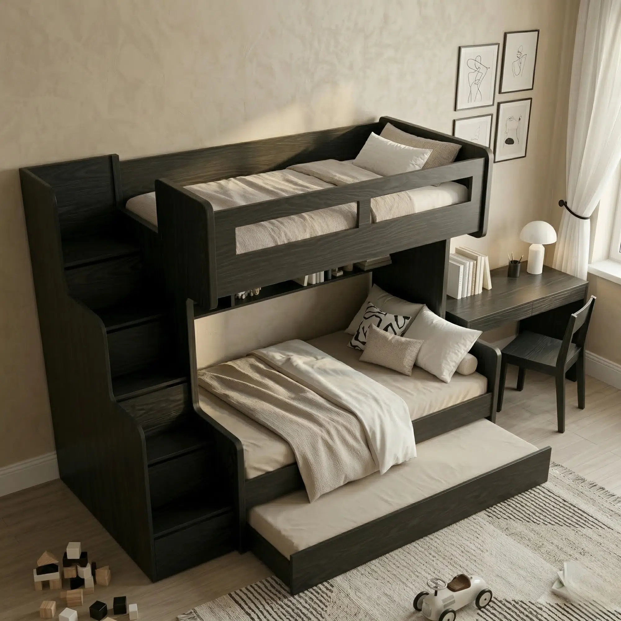 The Nordik Modern Trio Bunk Bed with Built-In Storage Stairs