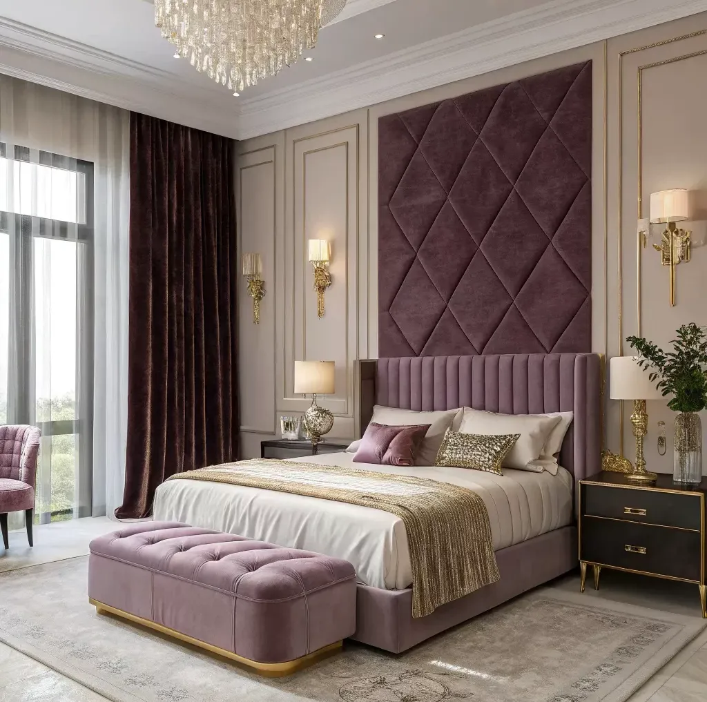 The Royal Amethyst Tufted Bed with Diamond Wall Panel & Ottoman