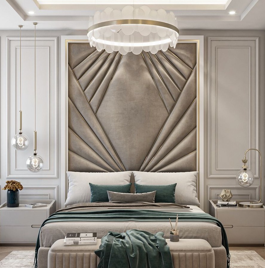The Horizon Art-Deco Sunburst Bed with Accent Wall Panel