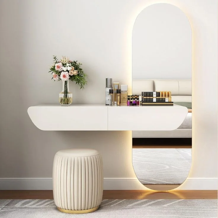 The Aura Floating Vanity Table with Oval Mirror & Stool Set