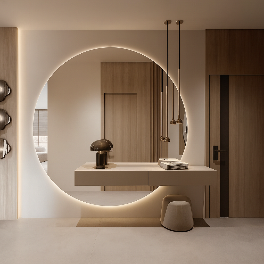 The Horizon Minimalist Floating Console with Oversized LED Mirror Set
