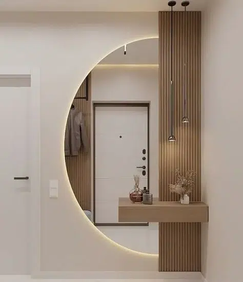 The Crescent Minimalist Floating Console with Semi-Circle LED Mirror Set
