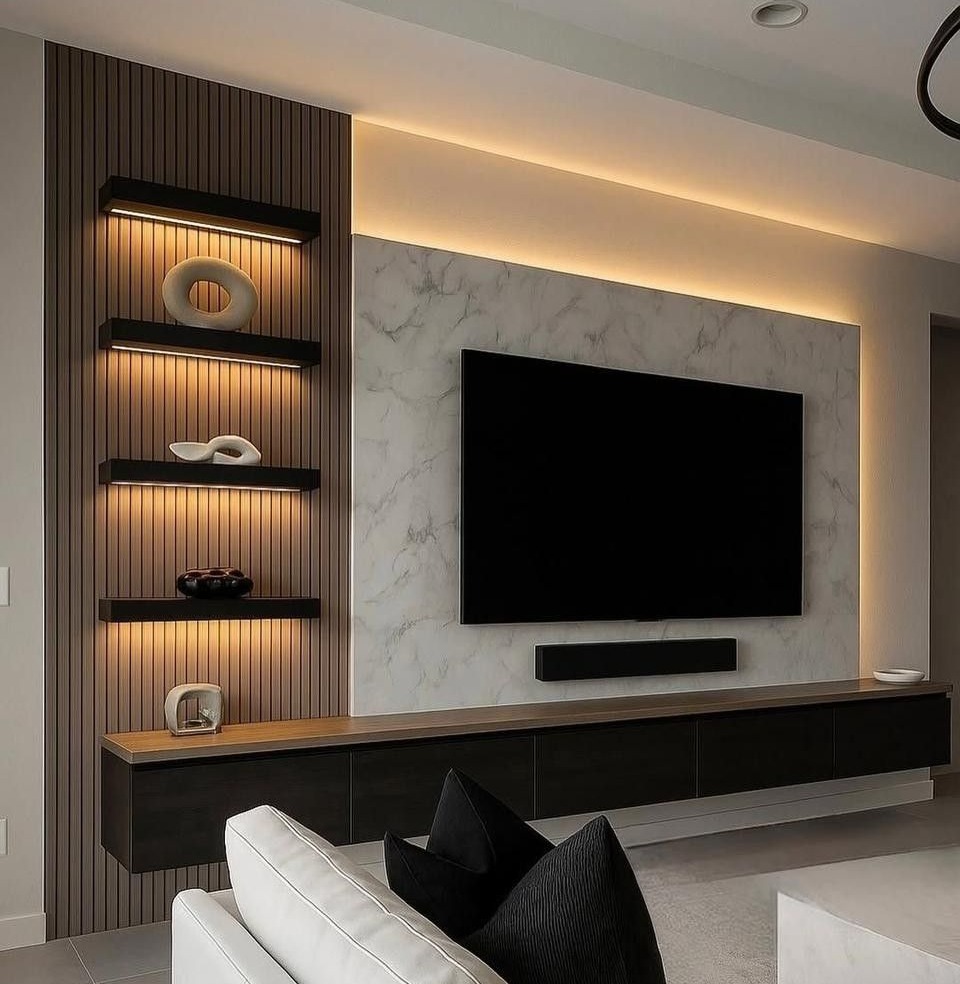 Luxury Marble & Slat Wall Floating TV Unit