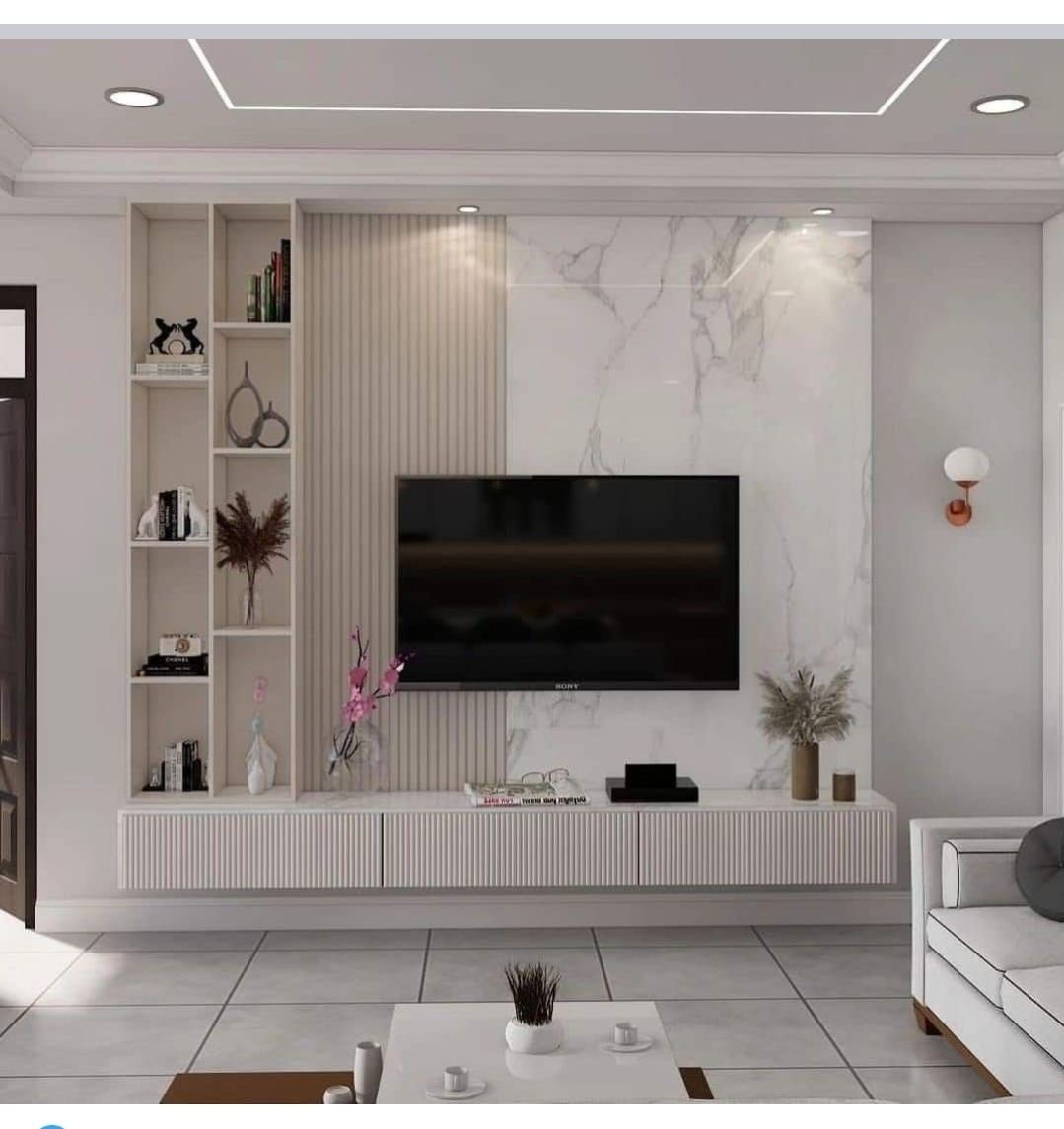 Luxury White Marble & Fluted Panel TV Console