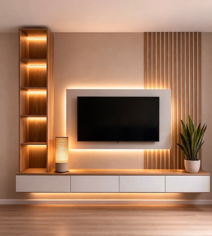 Warm Oak & White Floating Media Center