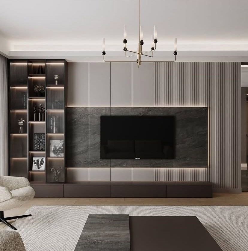 Modern Dark Marble & Fluted Feature Wall Unit