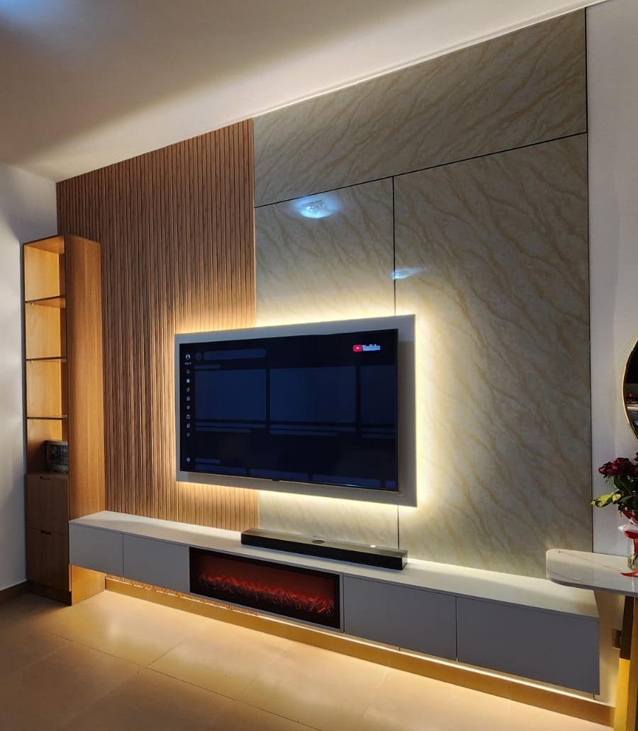 Luxury Fireplace & Marble-Finish Floating TV Unit