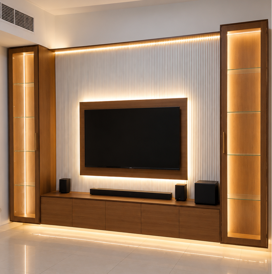 Premium Fluted Wall TV Unit with Integrated Display Towers