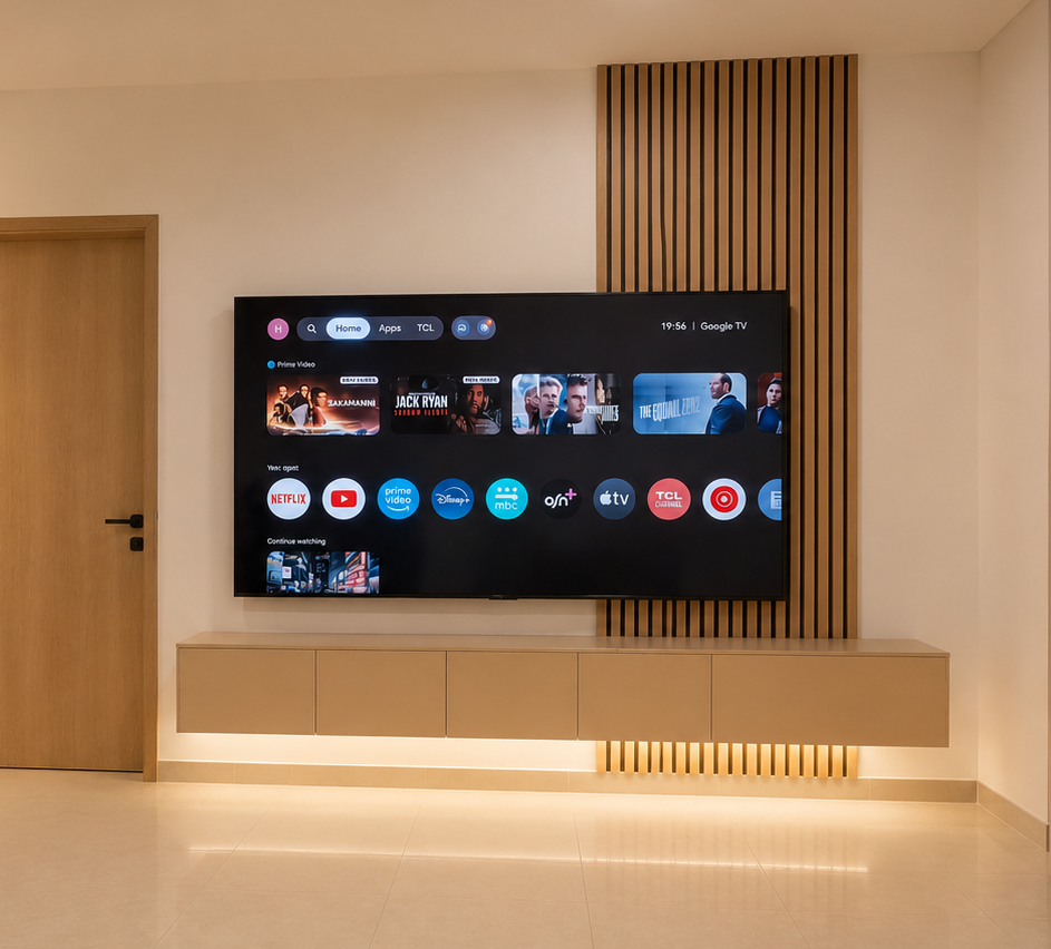 Minimalist Floating TV Console with Vertical Slat Accent