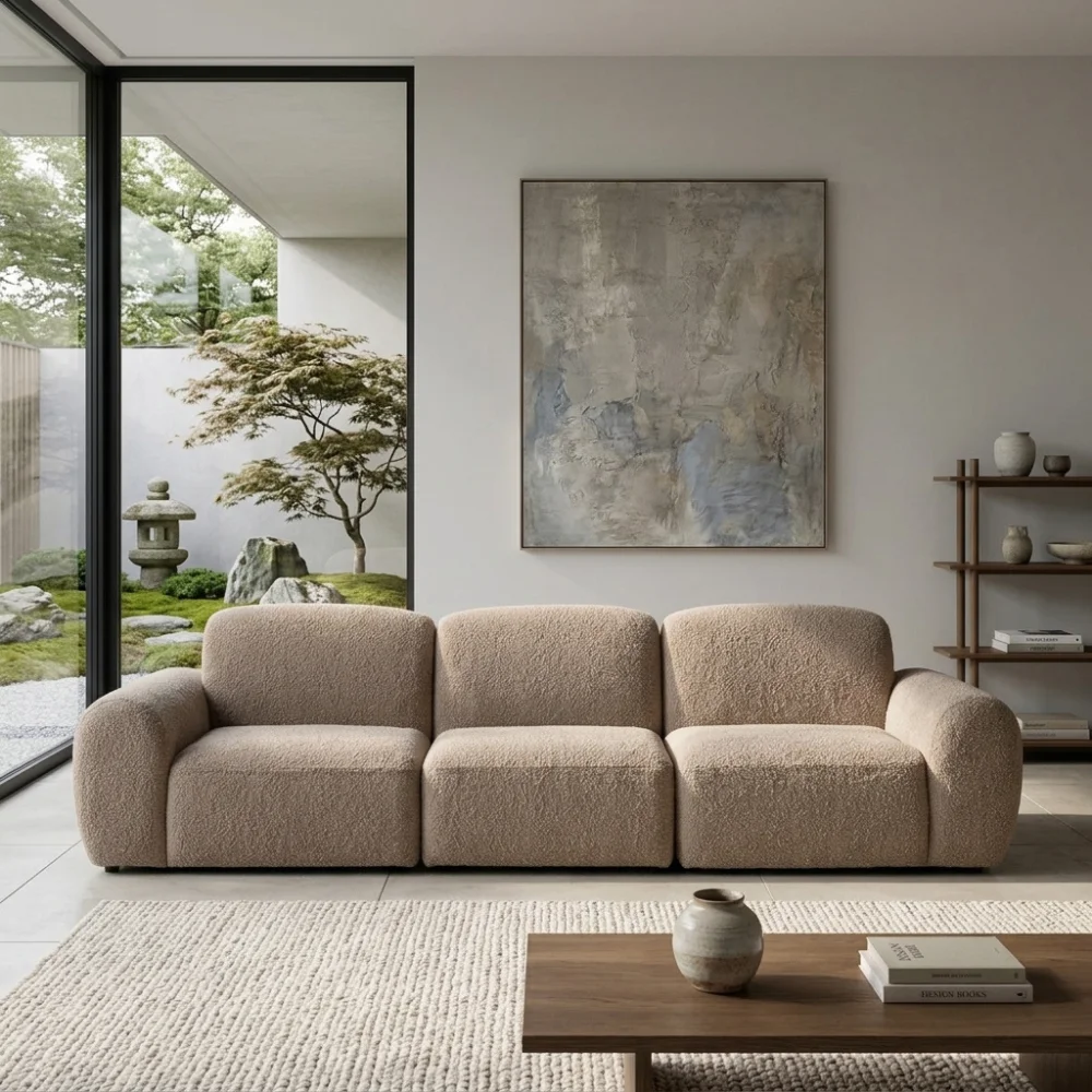 Modern Plush Bouclé 3-Seater Sofa