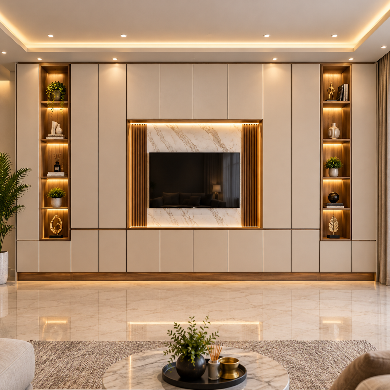 Warm Marble Feature Wall Living Room