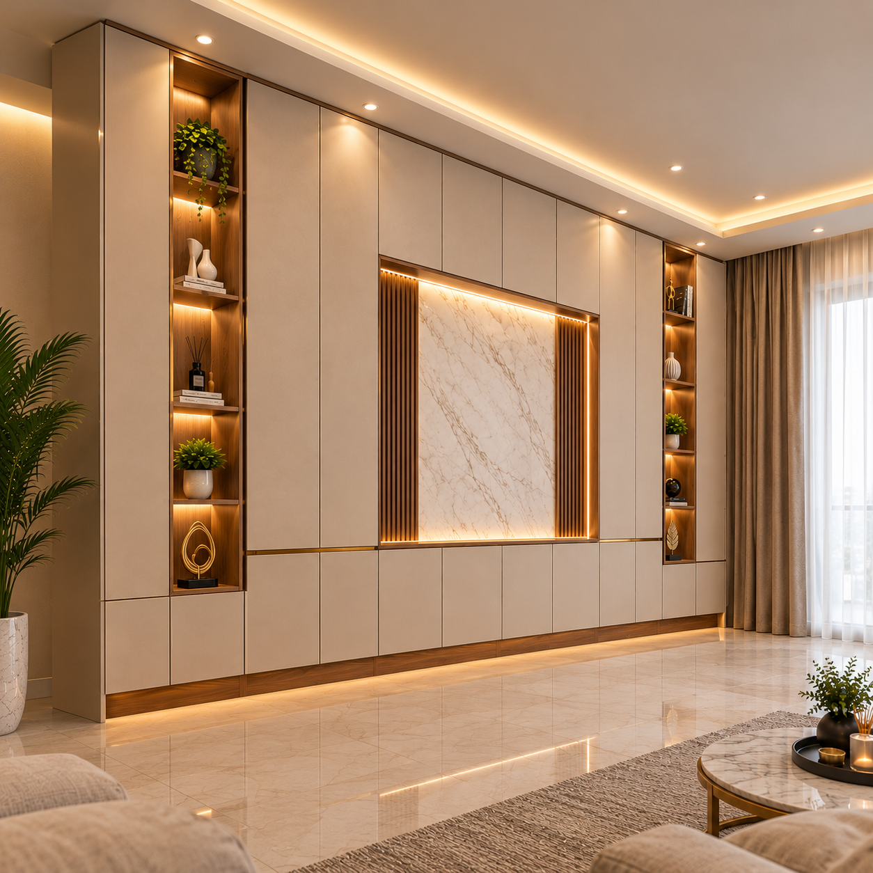 Warm Marble Feature Wall Living Room