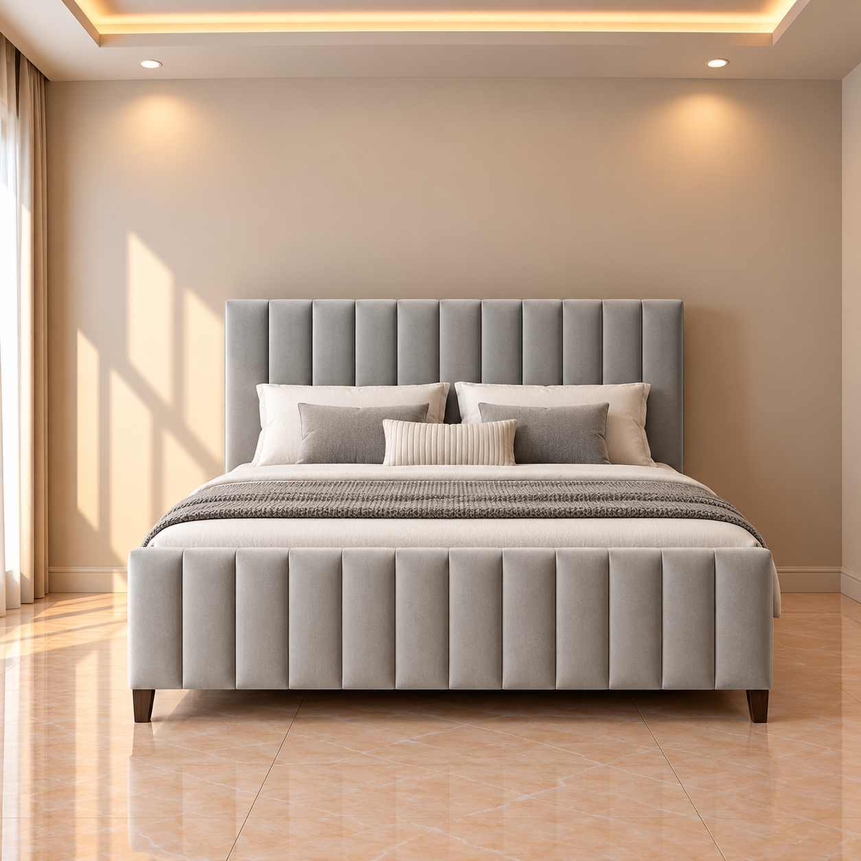 Alwan Premium Grey Upholstered Tufted Bed
